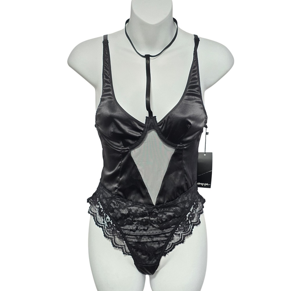 Nasty Gal Satin Underwired Choker Lace Trim‎ Bodysuit Black Size 8 NEW